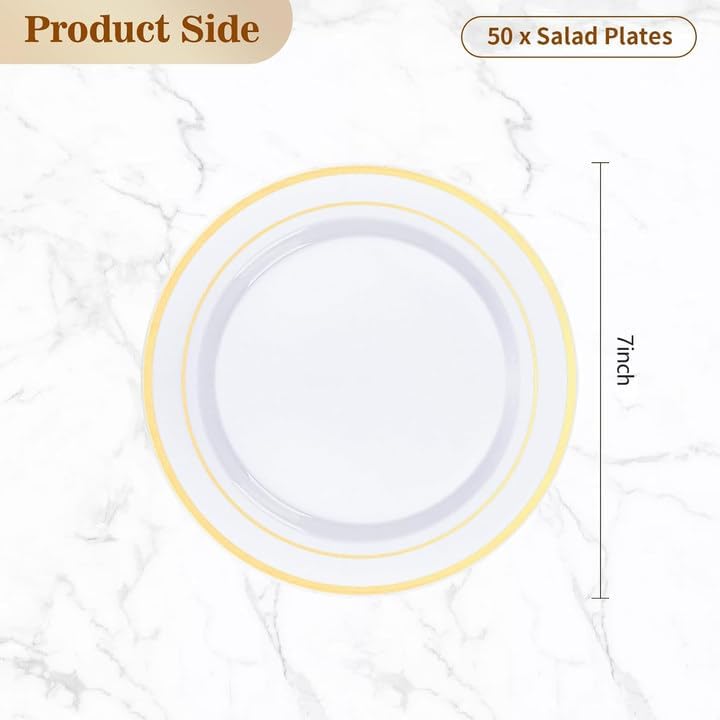 BESTVIP 50PCS 7 Inch Gold Plastic Plates, Disposable Dessert Plate with Gold Rim, Small Heavy Duty Disposable Plastic Plates for Party, Wedding and Birthday, Christmas, Thanksgiving