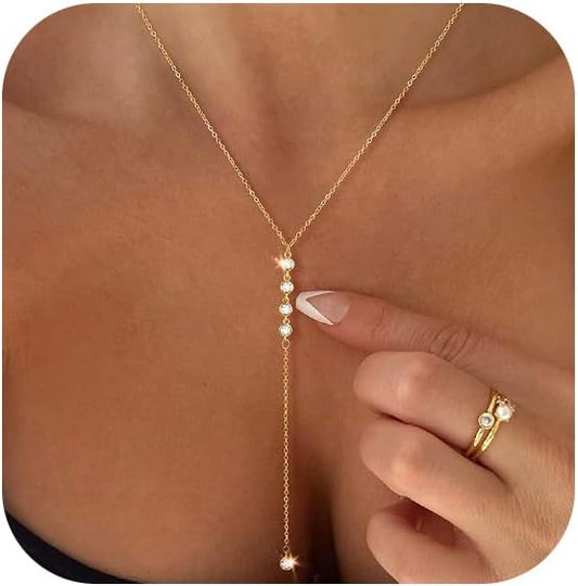 Luxval Lariat Gold Necklace for Women, Dainty Long Necklace 14k Gold Plated/Silver Y-Shaped Pendant Necklaces Trendy Beaded Chain Drop Necklaces Jewelry for Women Gifts