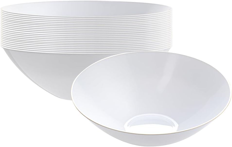 Moderna 16 Ounce Plastic Bowls, 20 Durable Disposable Salad Bowls - Gold-rimmed, Heavy-duty, White Plastic Fancy Bowls, For Warm And Cold Foods, Ideal For Restaurants - Restaurantware
