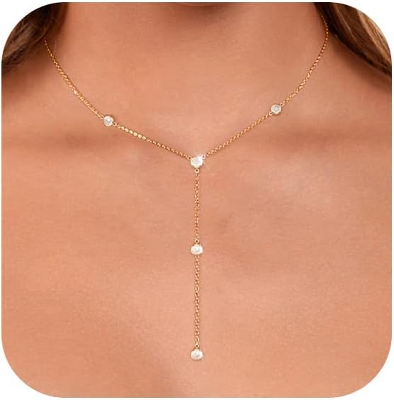 Luxval Lariat Gold Necklace for Women, Dainty Long Necklace 14k Gold Plated/Silver Y-Shaped Pendant Necklaces Trendy Beaded Chain Drop Necklaces Jewelry for Women Gifts