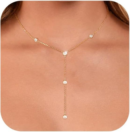 Luxval Lariat Gold Necklace for Women, Dainty Long Necklace 14k Gold Plated/Silver Y-Shaped Pendant Necklaces Trendy Beaded Chain Drop Necklaces Jewelry for Women Gifts