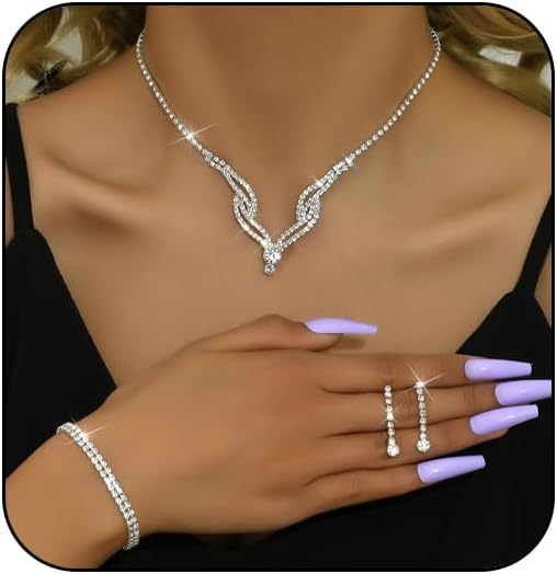 Prom Earrings Necklace Bracelet Set Elegant Crystal Rhinestone Necklace Earrings Bracelet Bridal Wedding Prom Dresses Costume Outfit Gold Jewelry Sets for Women