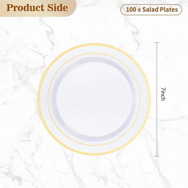 BESTVIP 100PCS Gold Plastic Plate, 7 Inch Disposable Dessert Plate Party with Gold Rim, Heavy Duty Disposable Plastic Plates for Party, Wedding and Birthday