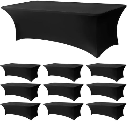 10 Pack 8FT Rectangular Spandex Tablecloth,Wrinkle Resistant Fitted Cover for 96x30 inch Banquet Table Cloth, Washable Stretch Fabric for Party, Events, Wedding, Vendor - Black
