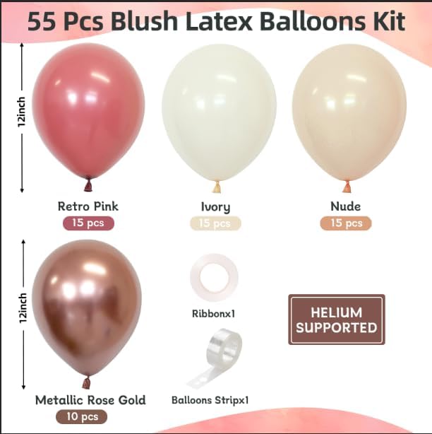CVPARTON Retro Blush Pink Balloons 55 Packs 12 Inch Dusty Pink Metallic Chrome Rose Gold Nude Ivory White Balloons for Birthday Girls Boho Baby Shower Bridal Shower Wedding Themed Princess Party