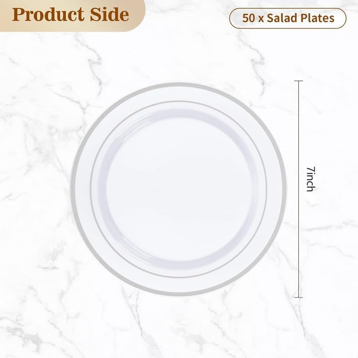 BESTVIP 50PCS 7 Inch Silver Plastic Plates, Disposable Salad Dessert Plate with Silver Rim for Christmas, Thanksgiving, Heavy Duty Disposable Plastic Plates for Parties, Wedding and Birthday, Events