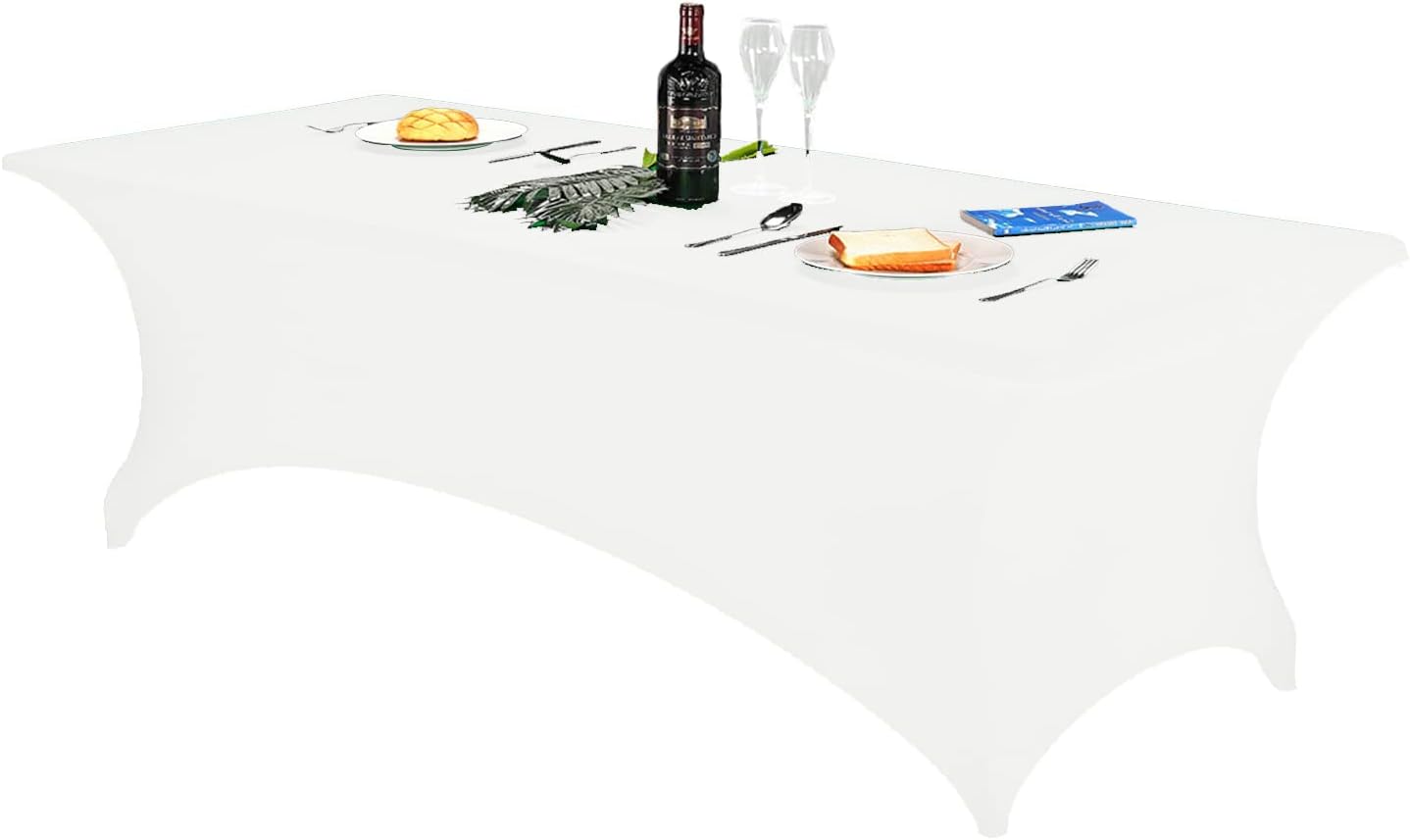 FORLIFE Spandex Table Cover - Fitted 8ft Rectangular Tablecloth, Stretch Patio Cover, Universal for Wedding, Banquet, Party (White)