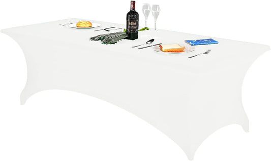 FORLIFE Spandex Table Cover - Fitted 8ft Rectangular Tablecloth, Stretch Patio Cover, Universal for Wedding, Banquet, Party (White)