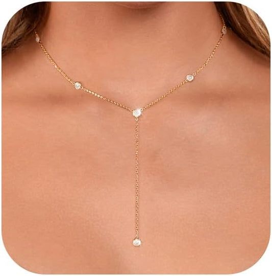 Luxval Lariat Gold Necklace for Women, Dainty Long Necklace 14k Gold Plated/Silver Y-Shaped Pendant Necklaces Trendy Beaded Chain Drop Necklaces Jewelry for Women Gifts