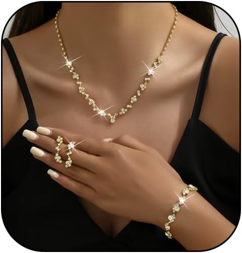 Prom Earrings Necklace Bracelet Set Elegant Crystal Rhinestone Necklace Earrings Bracelet Bridal Wedding Prom Dresses Costume Outfit Gold Jewelry Sets for Women