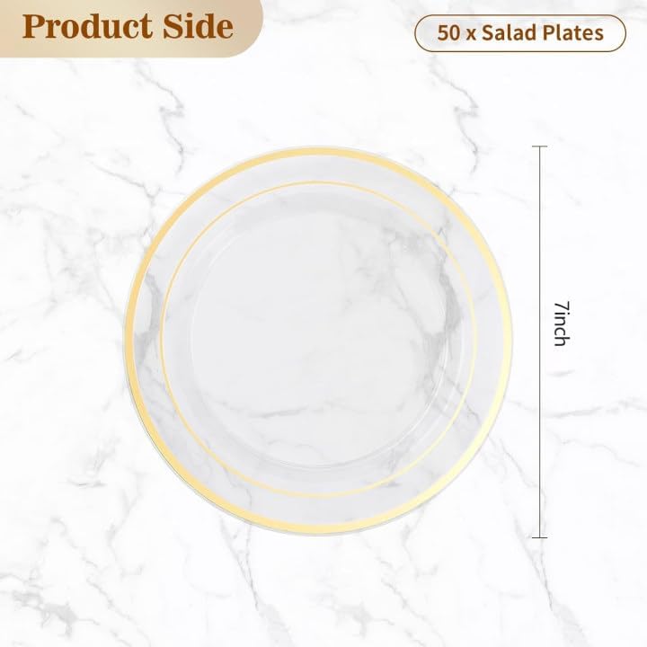 BESTVIP 50PCS 7" Clear Gold Plastic Plates, Disposable Salad Dessert Plate with Gold Rim for Christmas, Thanksgiving, Heavy Duty Disposable Plastic Plates for Party, Wedding and Birthday, Events
