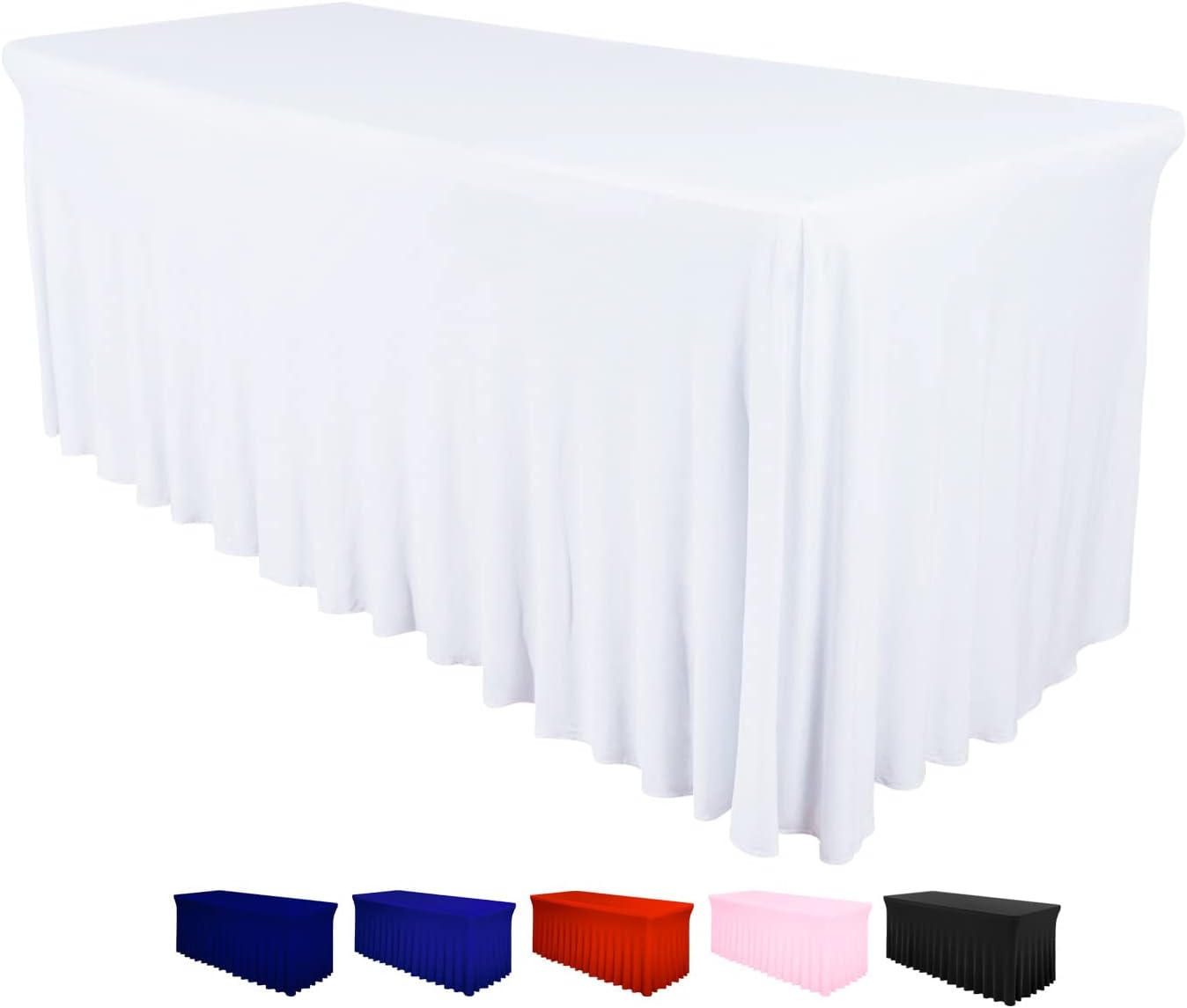 Table Skirt for Rectangular Tables 6ft - Wedding Spandex Covers for Standard 6 Foot Table - One Piece Fitted Stretchy Tablecloth - Wrinkle Resistant Ruffles Great for Party,Banquet (6 ft, White)