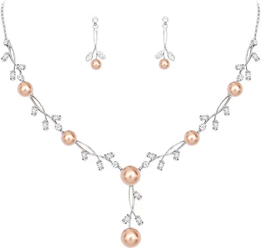 Luxury Cubic Zirconia Aurtrian Crystal Pearl Floral Necklace Dangle Earrings Wedding Bridal Jewelry Set Birthday Gifts for Her