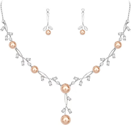 Luxury Cubic Zirconia Aurtrian Crystal Pearl Floral Necklace Dangle Earrings Wedding Bridal Jewelry Set Birthday Gifts for Her