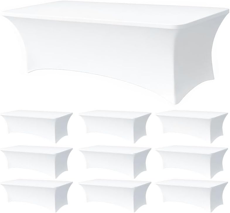 10 Pack 8FT Rectangular Spandex Tablecloth,Wrinkle Resistant Fitted Cover for 96x30 inch Banquet Table Cloth, Washable Stretch Fabric for Party, Events, Wedding, Vendor - White