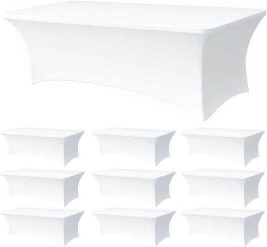 10 Pack 8FT Rectangular Spandex Tablecloth,Wrinkle Resistant Fitted Cover for 96x30 inch Banquet Table Cloth, Washable Stretch Fabric for Party, Events, Wedding, Vendor - White