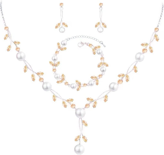 Luxury Cubic Zirconia Aurtrian Crystal Pearl Floral Necklace Dangle Earrings Wedding Bridal Jewelry Set Birthday Gifts for Her