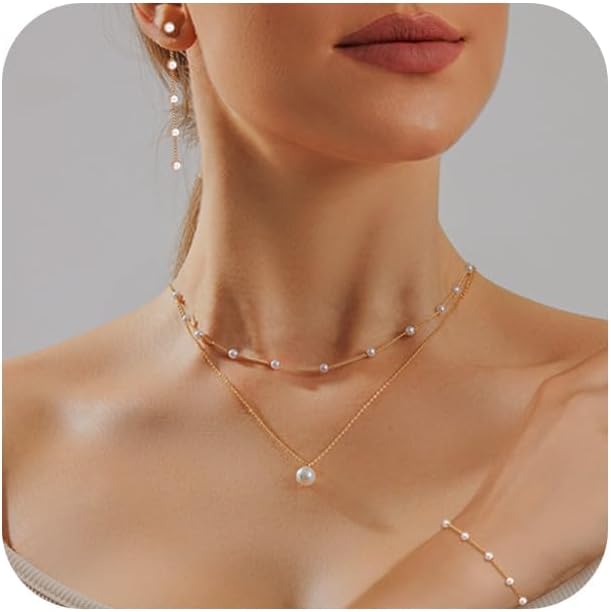 Gold Jewelry Set for Women - Dainty 14K Gold Plated Pearl Necklace and Earring Set with Drop Earrings, Bracelets, Choker Necklace - Wedding Jewelry Gift