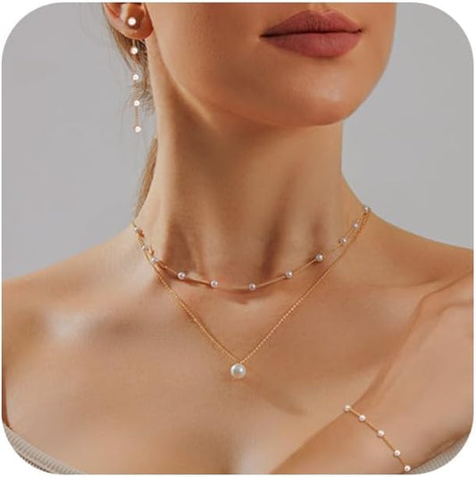 Gold Jewelry Set for Women - Dainty 14K Gold Plated Pearl Necklace and Earring Set with Drop Earrings, Bracelets, Choker Necklace - Wedding Jewelry Gift