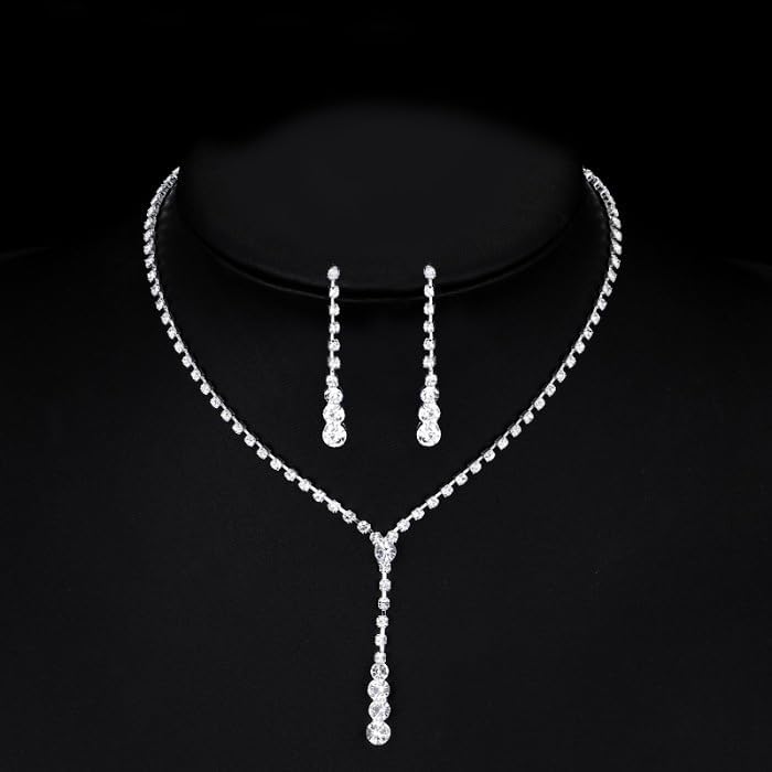 Wedding Jewelry Sets for Brides Rhinestone Necklace and Earring Set Bracelet Ring Gold Silver Prom Jewelry Sets Diamond Flower Teardrop Necklace for Women