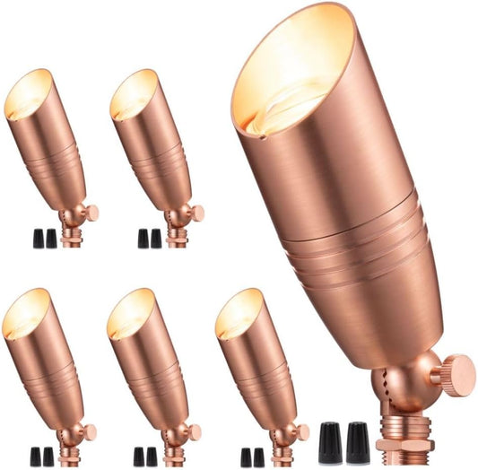 Gardenreet Low Voltage Spot Lights - Solid Brass Landscape Spotlight Wired, 12V Outdoor LED Uplights, Waterproof Electric Copper Adjustable Focus for Patio Wall Without MR16 Bulb (6 Pack)