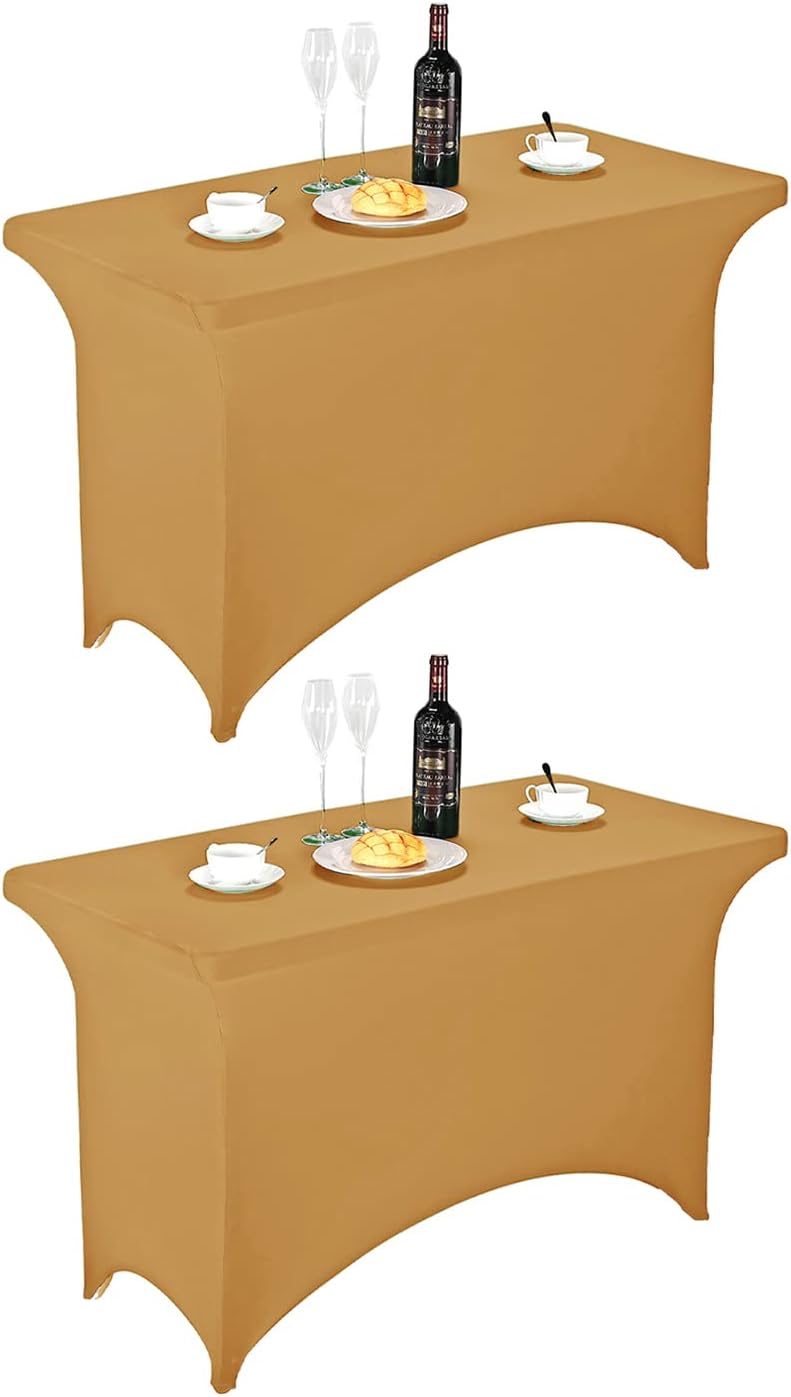 FORLIFE Spandex Table Covers - Fitted 4ft Rectangular Tablecloth, Stretch Patio Table Cover for Wedding, Banquet, Party (Gold)