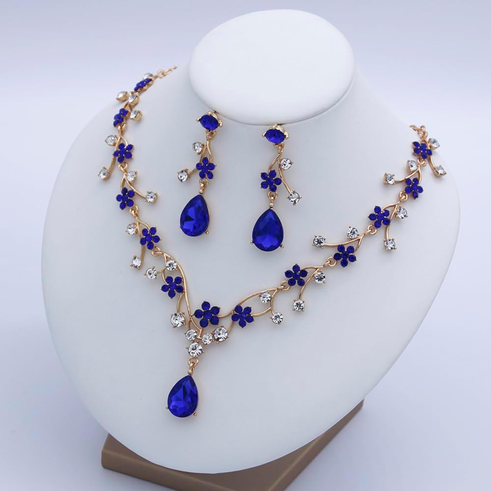 Jewelry Sets for Women Wedding Flower Necklace and Dangle Earrings Gold-Plated Rhinestones Teardrop Pendants Necklace Set for Bridal Party Accessories