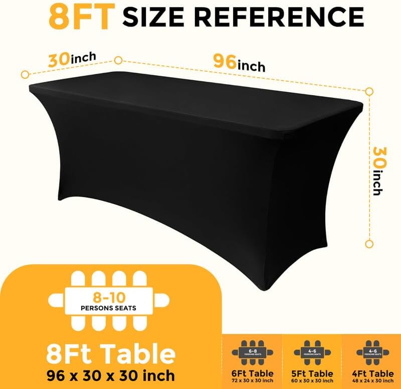 10 Pack 8FT Rectangular Spandex Tablecloth,Wrinkle Resistant Fitted Cover for 96x30 inch Banquet Table Cloth, Washable Stretch Fabric for Party, Events, Wedding, Vendor - Black