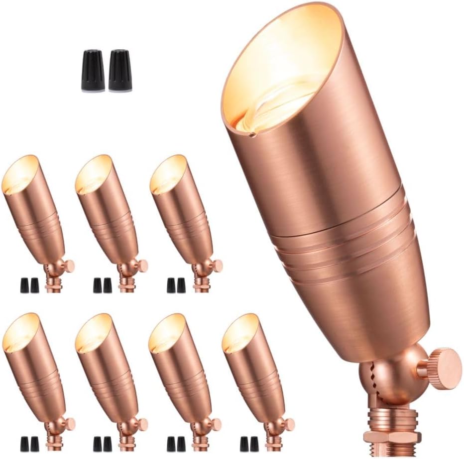 Gardenreet Spot Light Brass - Outdoor Landscape Spotlights LED, 12V Low Voltage Landscaping Uplights Bright, Hard-Wired All Weather Copper for Backyard Lawn with No Bulbs (8 Pack)