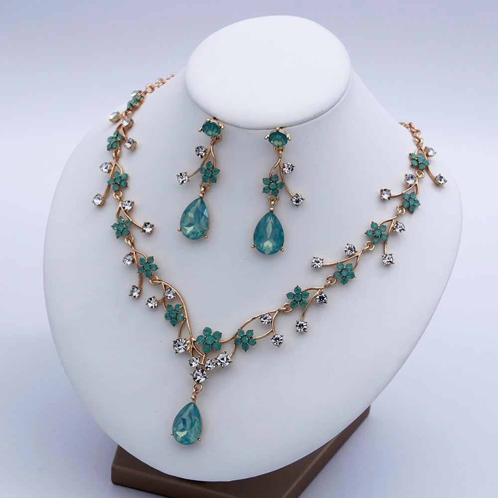 Jewelry Sets for Women Wedding Flower Necklace and Dangle Earrings Gold-Plated Rhinestones Teardrop Pendants Necklace Set for Bridal Party Accessories