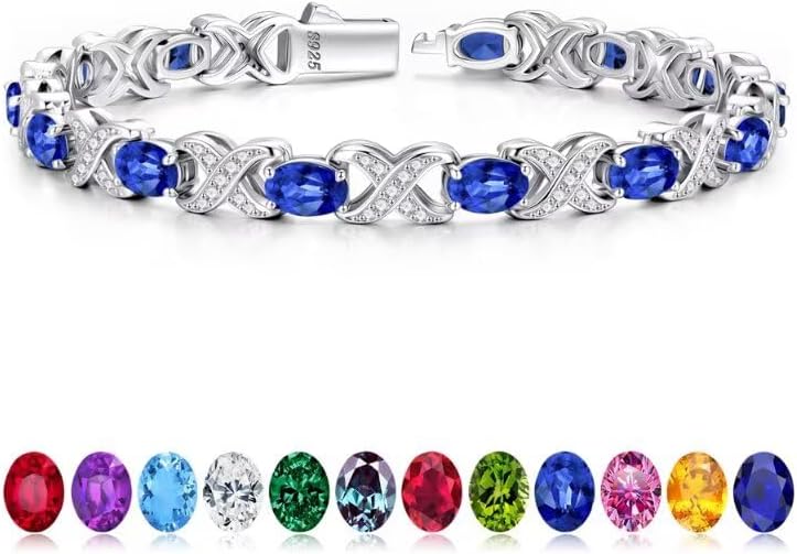 Iefil Oval Birthstone Bracelets for Women, Sterling Silver Tennis Bracelets Unique X O Design Fine Jewelry Christmas Gifts Anniversary Birthday Gifts for Her Birthstone Jewelry for Wife Mom Grandma
