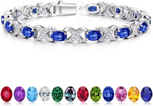 Iefil Oval Birthstone Bracelets for Women, Sterling Silver Tennis Bracelets Unique X O Design Fine Jewelry Christmas Gifts Anniversary Birthday Gifts for Her Birthstone Jewelry for Wife Mom Grandma