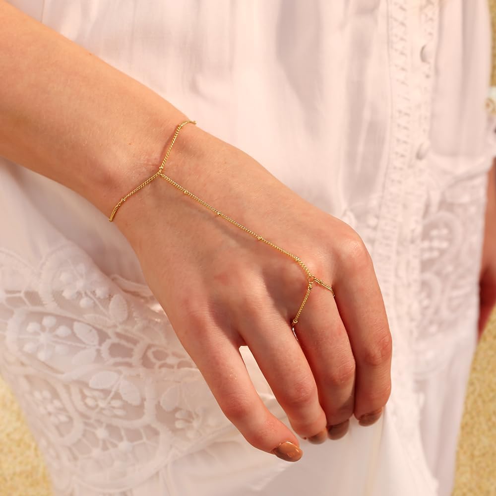 Listine Hand Chain Bracelet 14K Gold Plated Ring Bracelet Hand Chain Trendy Stuff for Women Dainty Hand Bracelets with Finger Ring Hand Jewelry for Women