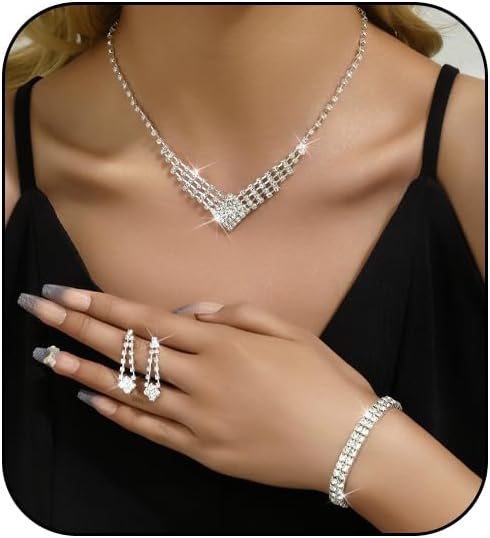 Prom Earrings Necklace Bracelet Set Elegant Crystal Rhinestone Necklace Earrings Bracelet Bridal Wedding Prom Dresses Costume Outfit Gold Jewelry Sets for Women