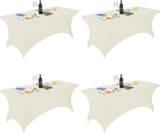 FORLIFE 4Pack Spandex Table Covers，Fitted Tablecloth for Rectangular Tables, Stretch Patio Table Covers, Universal Spandex Table Cover for Wedding, Banquet, Party (6ft, Ivory)
