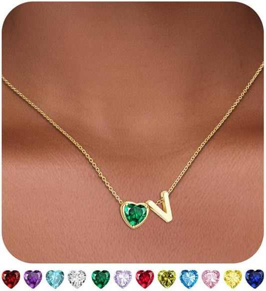 Heart Birthstone Initial Necklace for Women Girls,14K Gold Plated Heart Letter A-Z Necklace Dainty Birthday Trendy Jewelry Gifts for Women Girls Daughter