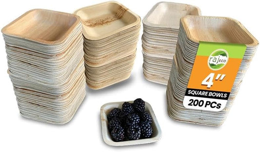 Raj Disposable Palm Leaf Bulk Bowls (200 Count, 4" Square Bowls) Strong Bowl Like Bamboo Party Bowl - Decorative Compostable Tableware for Lunch, Dinner, Birthday, Outdoor, BBQ, Picnic.