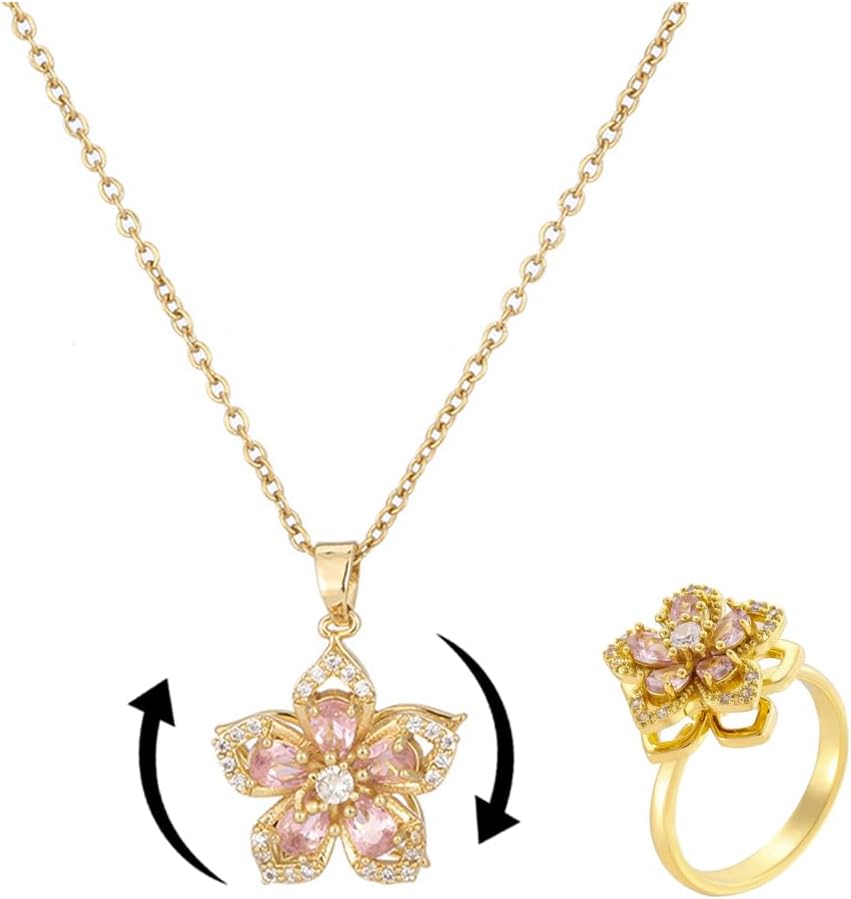 Necklace for Women Gold Flower Fidget Necklace Rotatable Crystal Silver Blossom Pendant Necklaces Adjustable Spinning Fidget Necklaces Redbud Flower Choker Funny Gift Jewelry