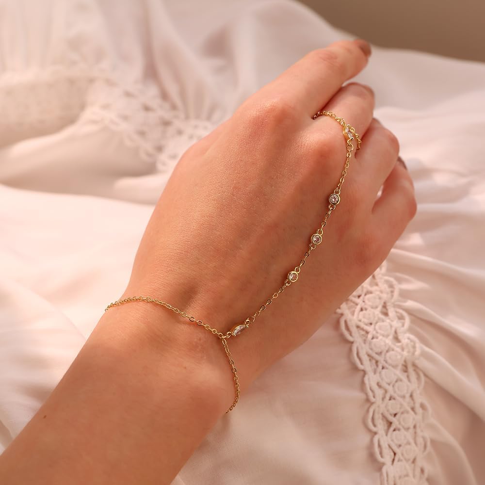 Listine Hand Chain Bracelet 14K Gold Plated Ring Bracelet Hand Chain Trendy Stuff for Women Dainty Hand Bracelets with Finger Ring Hand Jewelry for Women
