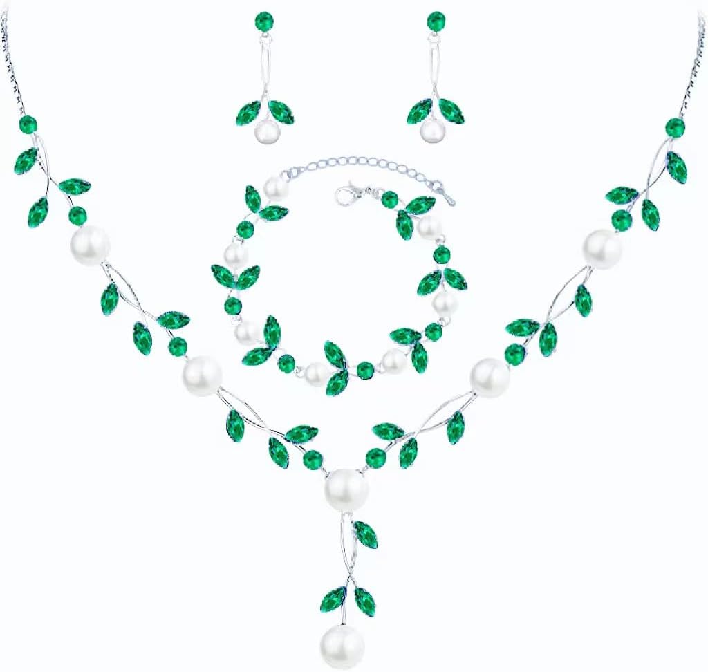 Luxury Cubic Zirconia Aurtrian Crystal Pearl Floral Necklace Dangle Earrings Wedding Bridal Jewelry Set Birthday Gifts for Her