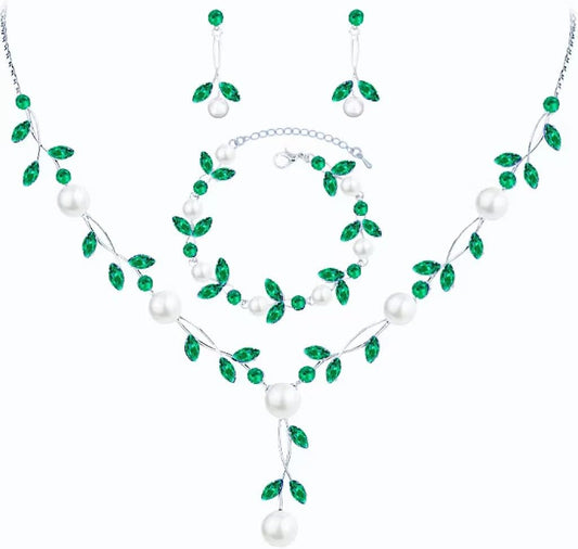 Luxury Cubic Zirconia Aurtrian Crystal Pearl Floral Necklace Dangle Earrings Wedding Bridal Jewelry Set Birthday Gifts for Her