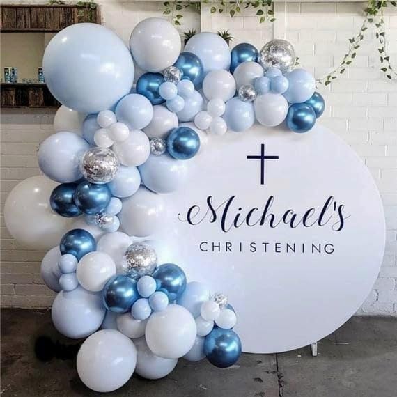Blue Balloon Arch Kit, 124Pcs Metallic Blue White and Silver Confetti Balloons Different Size Balloons for Baby Shower Bridal Shower Birthday Wedding Bachelorette Anniversary Party Decorations