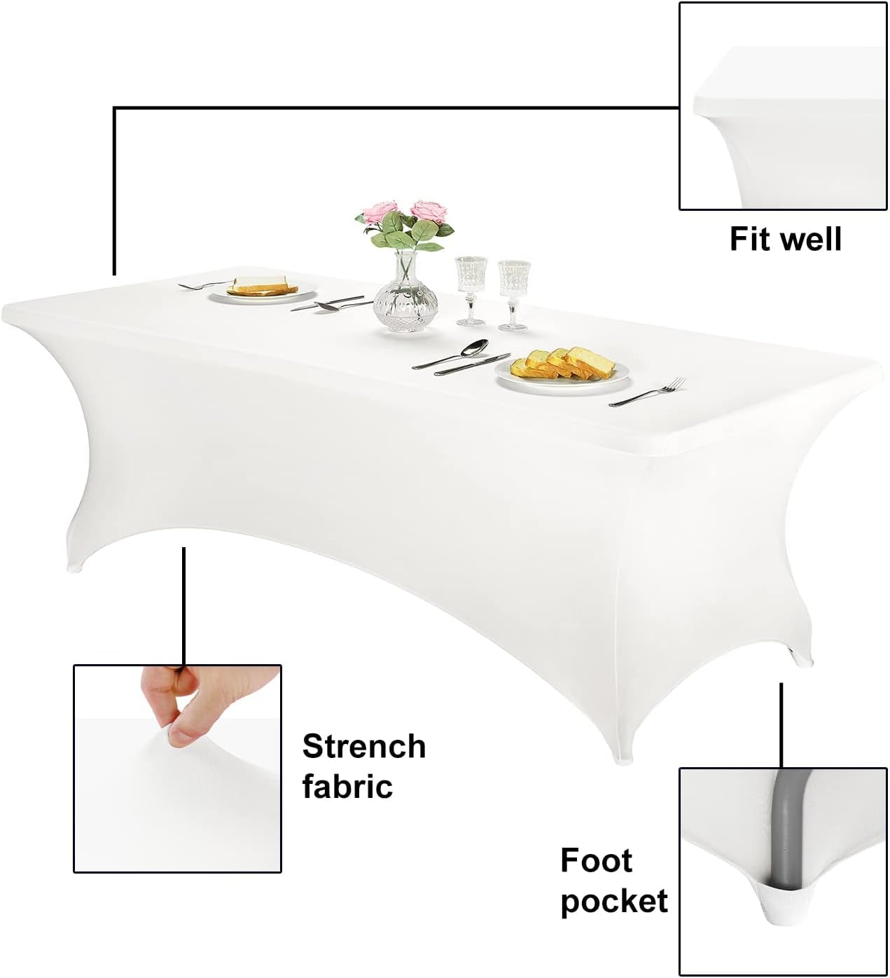 FORLIFE 2Pack Spandex Table Covers，Fitted Tablecloth for Rectangular Tables, Stretch Patio Table Covers, Universal Spandex Table Cover for Wedding, Banquet, Party (8ft, White)