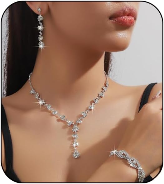 Prom Earrings Necklace Bracelet Set Elegant Crystal Rhinestone Necklace Earrings Bracelet Bridal Wedding Prom Dresses Costume Outfit Gold Jewelry Sets for Women