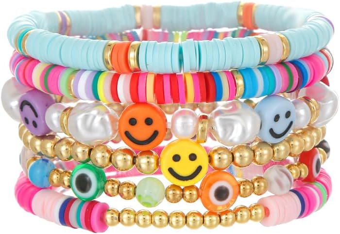 Friendship Bracelets for Women - Heishi Surfer Colorful Smile Evil Eye Clay Beaded Stretch Bracelets Elastic Layering - Stackable Boho Disc Y2K Aesthetic Summer Jewelry Set.