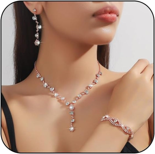 Prom Earrings Necklace Bracelet Set Elegant Crystal Rhinestone Necklace Earrings Bracelet Bridal Wedding Prom Dresses Costume Outfit Gold Jewelry Sets for Women