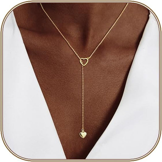 Lariat Gold Necklace for Women, Dainty Long Necklace 14k Gold Plated/Silver Y-Shaped Layered Beaded Chain Drop Necklaces for Women Trendy Simple Gold Jewelry for Women Gifts