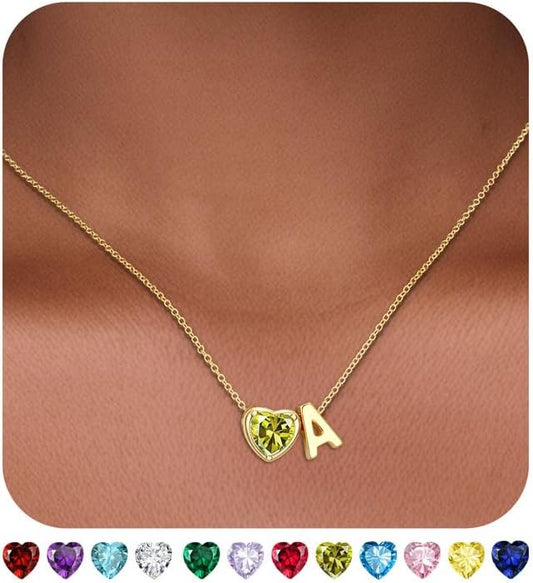 Heart Birthstone Initial Necklace for Women Girls,14K Gold Plated Heart Letter A-Z Necklace Dainty Birthday Trendy Jewelry Gifts for Women Girls Daughter