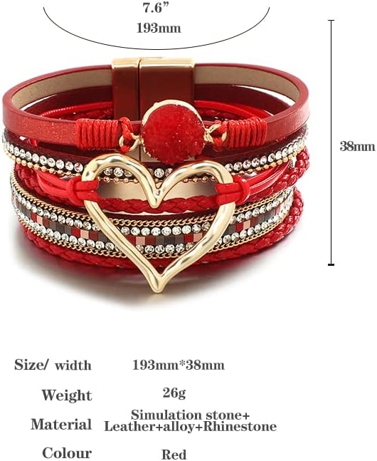 Leather Wrap Bracelet for Women Beaded Cuff Bracelet with Heart-shape Decor Bohemian Crystal Bracelet Jewelry with Clasp Bangle Bracelet for Women Girls Birthday Holiday Gift