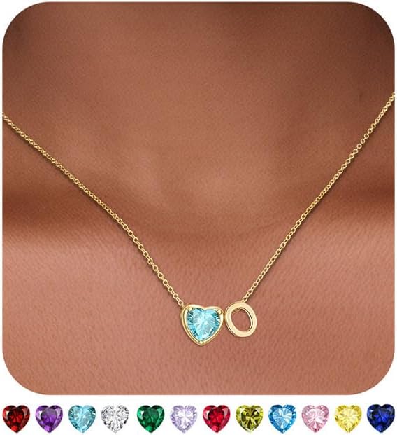 Heart Birthstone Initial Necklace for Women Girls,14K Gold Plated Heart Letter A-Z Necklace Dainty Birthday Trendy Jewelry Gifts for Women Girls Daughter
